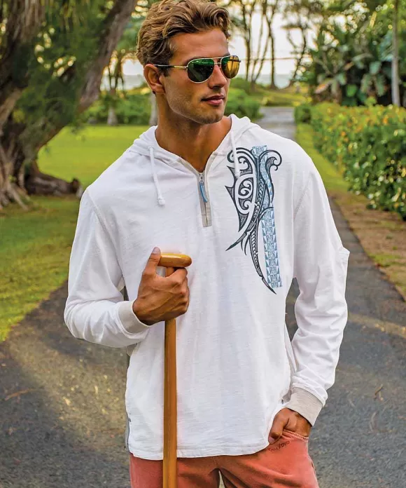 Jackets & Pullovers>Crazy Shirts Ali'I Guard - Natural/Gray Long Sleeve Longboard Hooded Tee