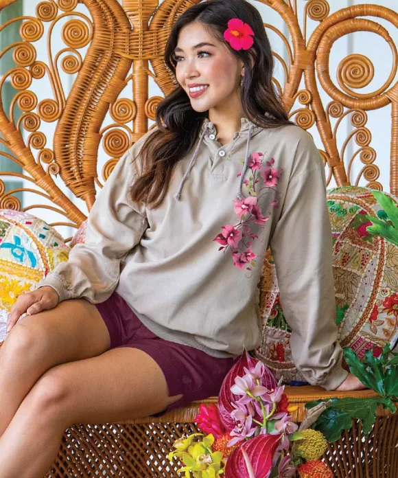 Jackets & Pullovers>Crazy Shirts Bougainvillea Vines - Kona Coffee Dyed Long Sleeve Lightweight Pullover