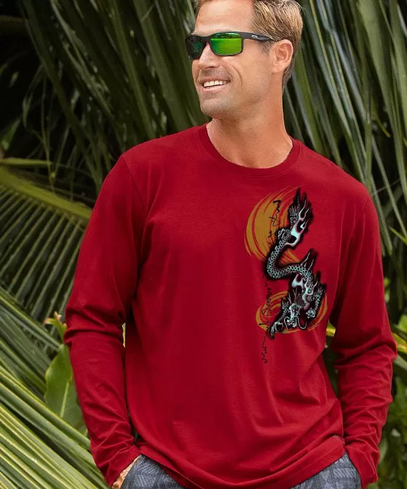 T-Shirts>Crazy Shirts Dragon Flurry - Rugby Red Long Sleeve Pima T-Shirt
