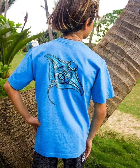 T-Shirts>Crazy Shirts Ehukai Manta - Blue Hawaii Dyed Short Sleeve Crewneck T-Shirt