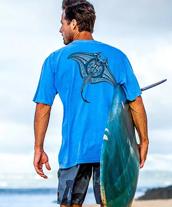 T-Shirts>Crazy Shirts Ehukai Manta - Blue Hawaii Dyed Short Sleeve Crewneck T-Shirt