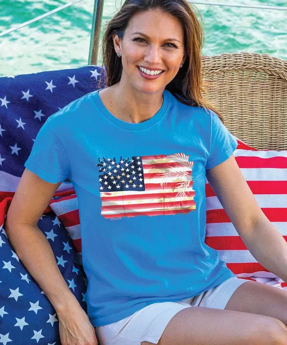 T-Shirts>Crazy Shirts Flag Palms - Blue Hawaii Dyed Short Sleeve Crewneck T-Shirt