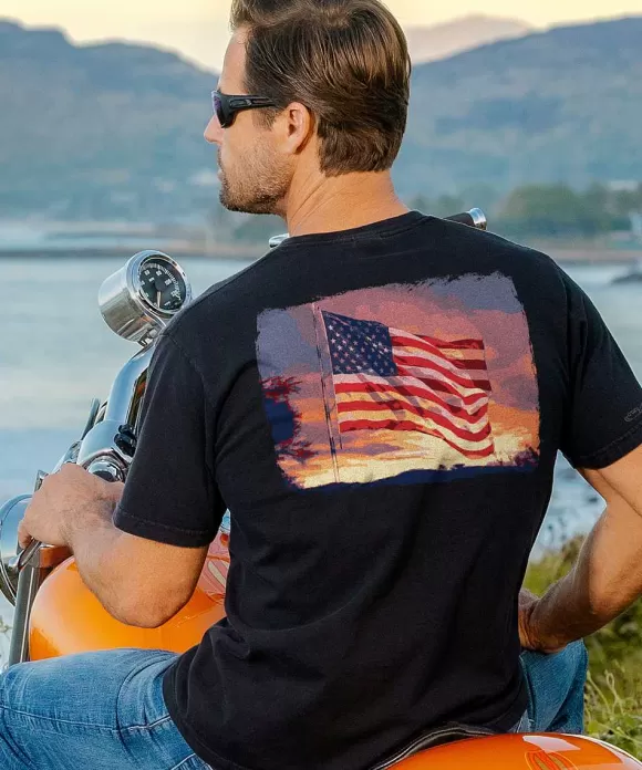 T-Shirts>Crazy Shirts Flag Sunset - Black Short Sleeve Crewneck T-Shirt