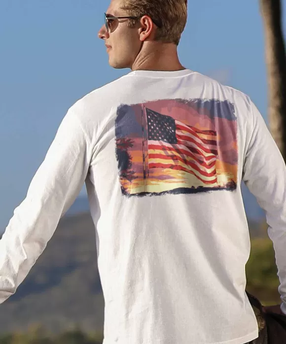 T-Shirts>Crazy Shirts Flag Sunset - White Long Sleeve Crewneck T-Shirt