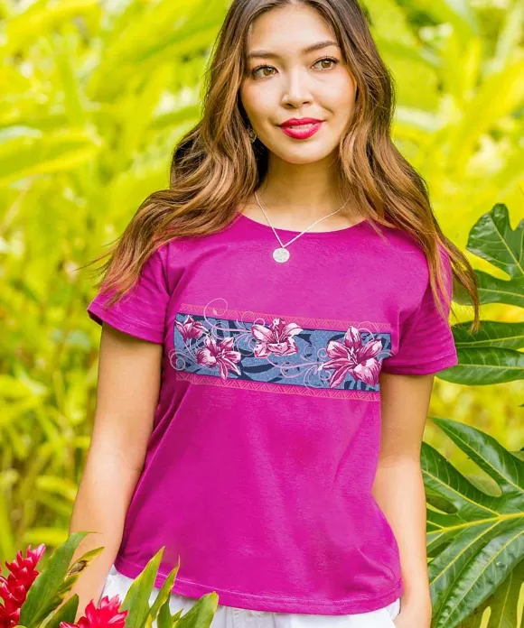 T-Shirts>Crazy Shirts Floral Pua Band - Berry Short Sleeve Scoop Neck T-Shirt