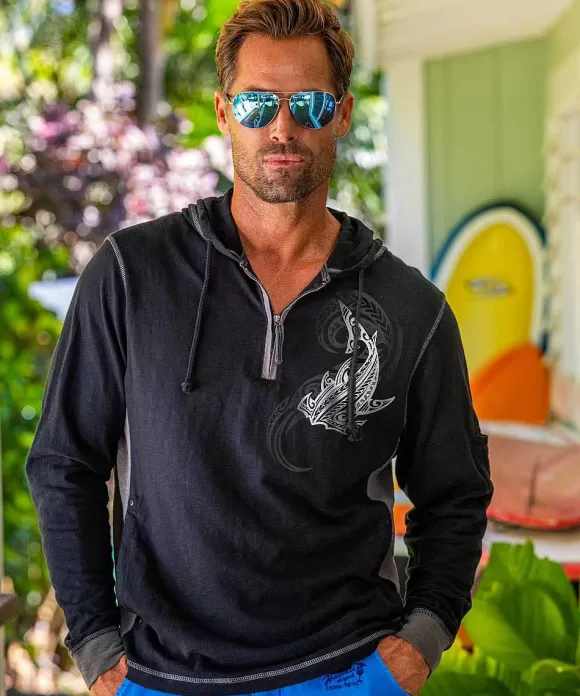 Jackets & Pullovers>Crazy Shirts Flow Of Mana - Black/Charcoal Long Sleeve Longboard Hooded Tee