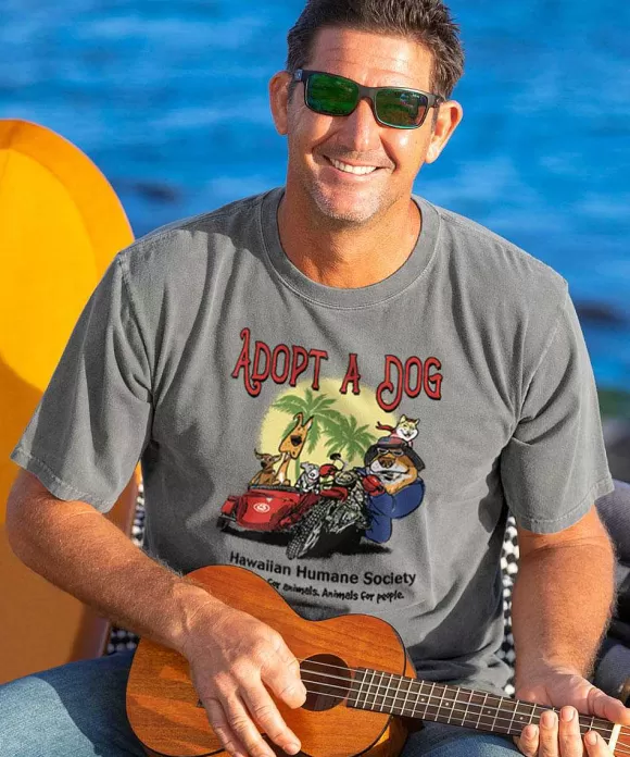 T-Shirts>Crazy Shirts Hawaiian Humane Society Adopt A Dog Sidecab Dogs - Crater Dyed® Short Sleeve Crewneck T-Shirt