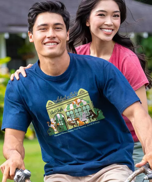 T-Shirts>Crazy Shirts Hawaiian Humane Society Cat Cafe - Navy Short Sleeve Crewneck T-Shirt