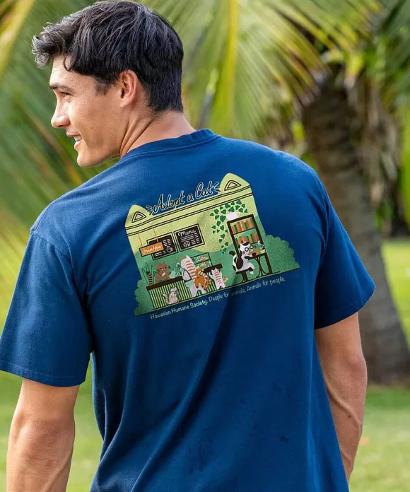 T-Shirts>Crazy Shirts Hawaiian Humane Society Cat Cafe - Navy Short Sleeve Crewneck T-Shirt