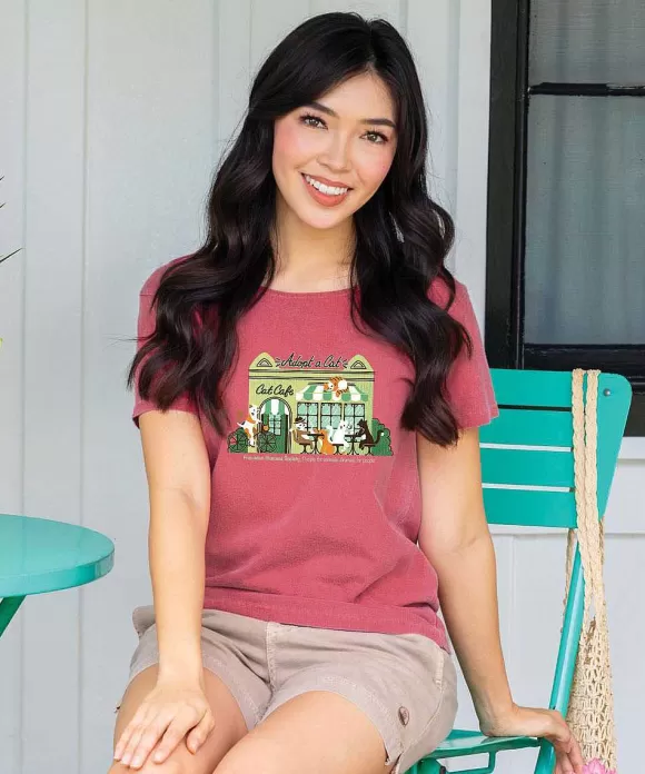 T-Shirts>Crazy Shirts Hawaiian Humane Society Cat Cafe - Paradise Red Dyed Short Sleeve Scoop Neck T-Shirt