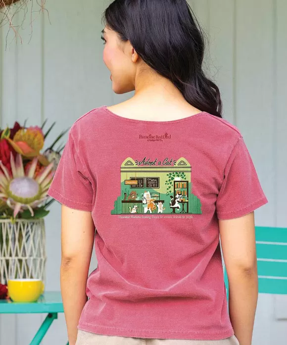T-Shirts>Crazy Shirts Hawaiian Humane Society Cat Cafe - Paradise Red Dyed Short Sleeve Scoop Neck T-Shirt