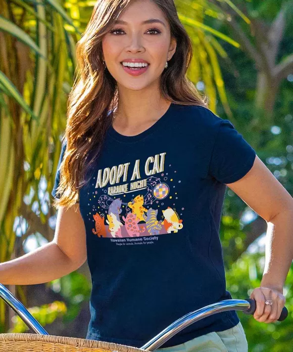 T-Shirts>Crazy Shirts Hawaiian Humane Society Kitty Karaoke - Navy Short Sleeve Crewneck T-Shirt