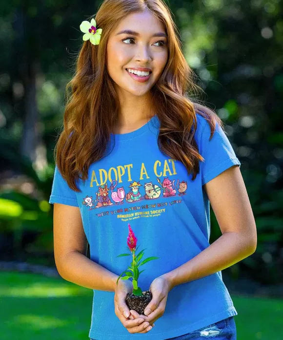 T-Shirts>Crazy Shirts Hawaiian Humane Society Match Meow - Blue Hawaii Dyed Short Sleeve Crewneck T-Shirt