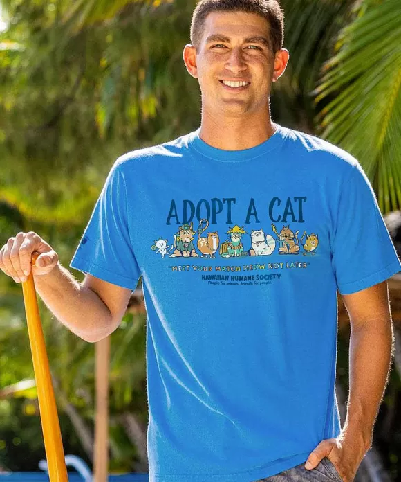 T-Shirts>Crazy Shirts Hawaiian Humane Society Match Meow - Blue Hawaii Dyed Short Sleeve Crewneck T-Shirt