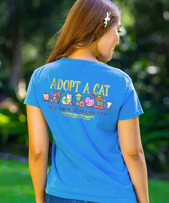 T-Shirts>Crazy Shirts Hawaiian Humane Society Match Meow - Blue Hawaii Dyed Short Sleeve Crewneck T-Shirt