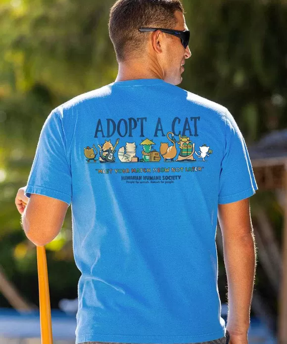 T-Shirts>Crazy Shirts Hawaiian Humane Society Match Meow - Blue Hawaii Dyed Short Sleeve Crewneck T-Shirt