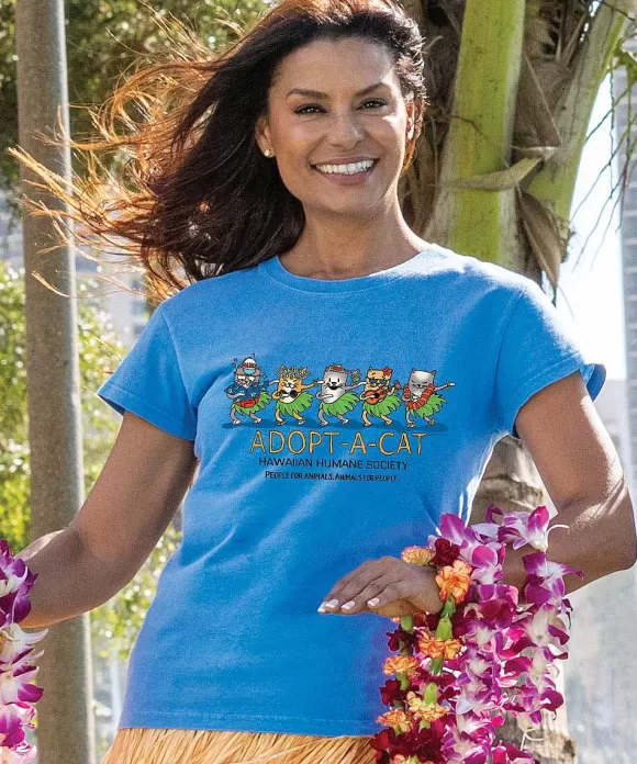 T-Shirts>Crazy Shirts Hawaiian Humane Society Meow Halau - Blue Hawaii Dyed Short Sleeve Crewneck T-Shirt