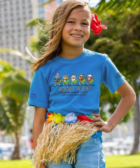 T-Shirts>Crazy Shirts Hawaiian Humane Society Meow Halau - Blue Hawaii Dyed Short Sleeve Crewneck T-Shirt