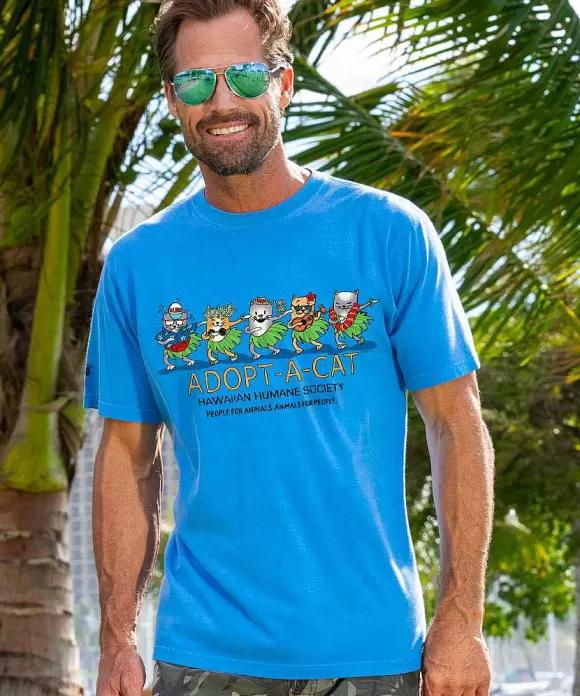 T-Shirts>Crazy Shirts Hawaiian Humane Society Meow Halau - Blue Hawaii Dyed Short Sleeve Crewneck T-Shirt