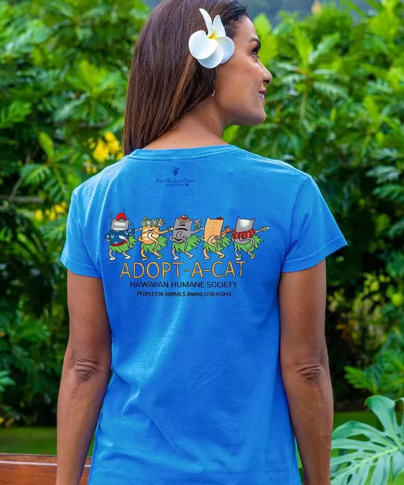 T-Shirts>Crazy Shirts Hawaiian Humane Society Meow Halau - Blue Hawaii Dyed Short Sleeve Crewneck T-Shirt