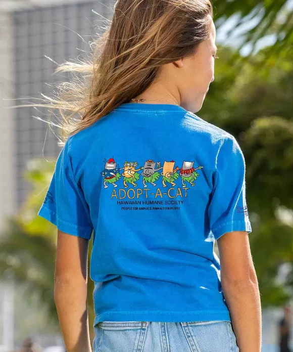 T-Shirts>Crazy Shirts Hawaiian Humane Society Meow Halau - Blue Hawaii Dyed Short Sleeve Crewneck T-Shirt