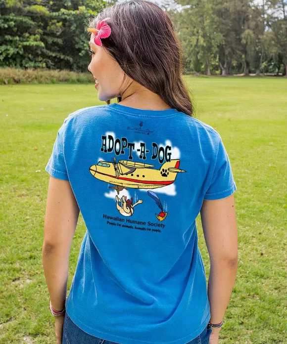 T-Shirts>Crazy Shirts Hawaiian Humane Society Sky Dive - Blue Hawaii Dyed Short Sleeve Crewneck T-Shirt