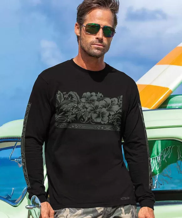 T-Shirts>Crazy Shirts Hawaiian Wide Band - Black Long Sleeve Crewneck T-Shirt