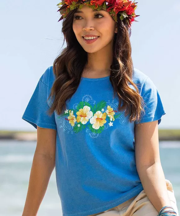 T-Shirts>Crazy Shirts Hibiscus Lei Po'O - Blue Hawaii Dyed Short Sleeve Scoop Neck T-Shirt