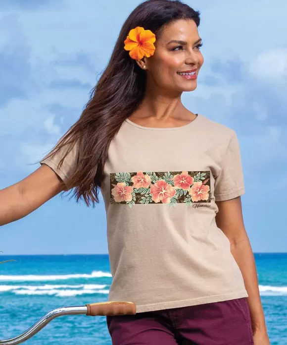 T-Shirts>Crazy Shirts Hibiscus Sparkle - Kona Coffee Dyed Short Sleeve Scoop Neck T-Shirt