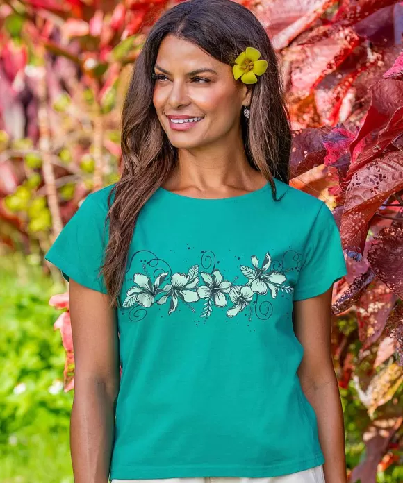 T-Shirts>Crazy Shirts Hibiscus Swirl Band - Jade Short Sleeve Scoop Neck T-Shirt