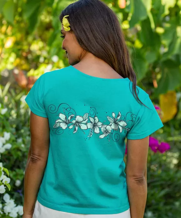 T-Shirts>Crazy Shirts Hibiscus Swirl Band - Jade Short Sleeve Scoop Neck T-Shirt