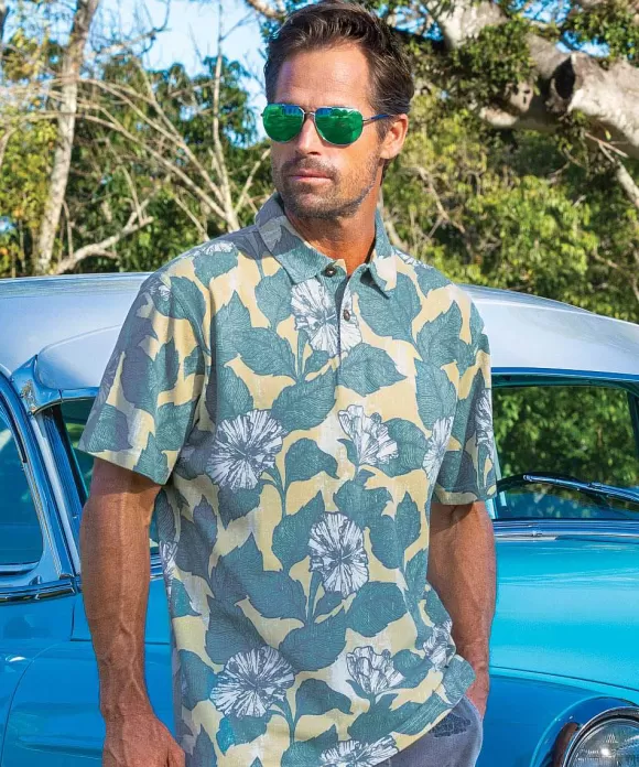 Polos>Crazy Shirts Hibiscus Woodcut - Tan/White Short Sleeve Hawaiian Polo Shirt