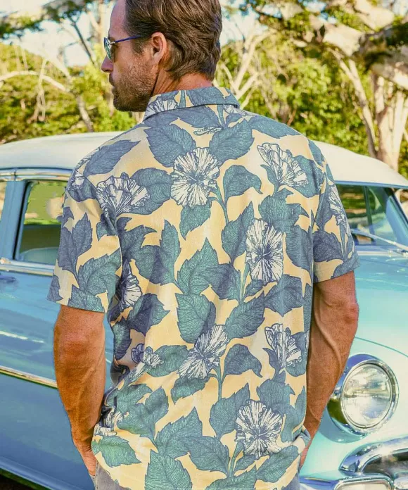 Polos>Crazy Shirts Hibiscus Woodcut - Tan/White Short Sleeve Hawaiian Polo Shirt