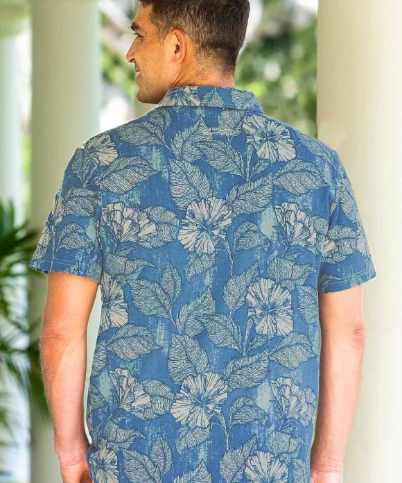 Polos>Crazy Shirts Hibiscus Woodcut - Teal/Khaki Short Sleeve Hawaiian Polo Shirt
