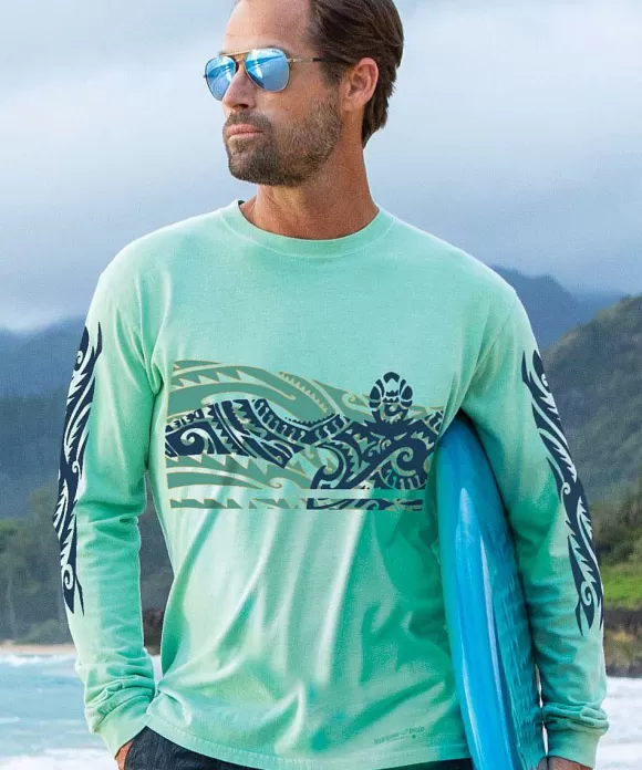 T-Shirts>Crazy Shirts Honu Tribal Mauka - Key Lime Dyed Long Sleeve Crewneck T-Shirt