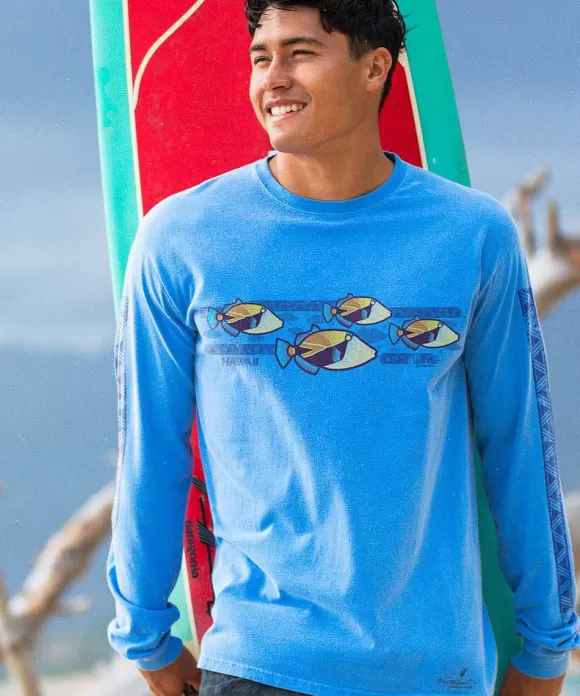 T-Shirts>Crazy Shirts Humu Band - Blue Hawaii Dyed Long Sleeve Crewneck T-Shirt