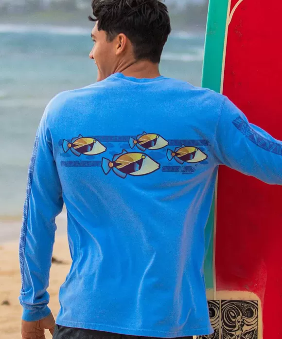 T-Shirts>Crazy Shirts Humu Band - Blue Hawaii Dyed Long Sleeve Crewneck T-Shirt