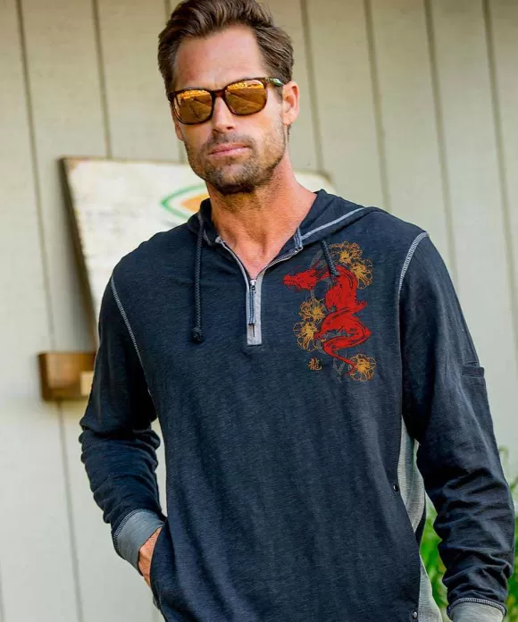 Jackets & Pullovers>Crazy Shirts Ink Dragon - Black/Charcoal Long Sleeve Longboard Hooded Tee