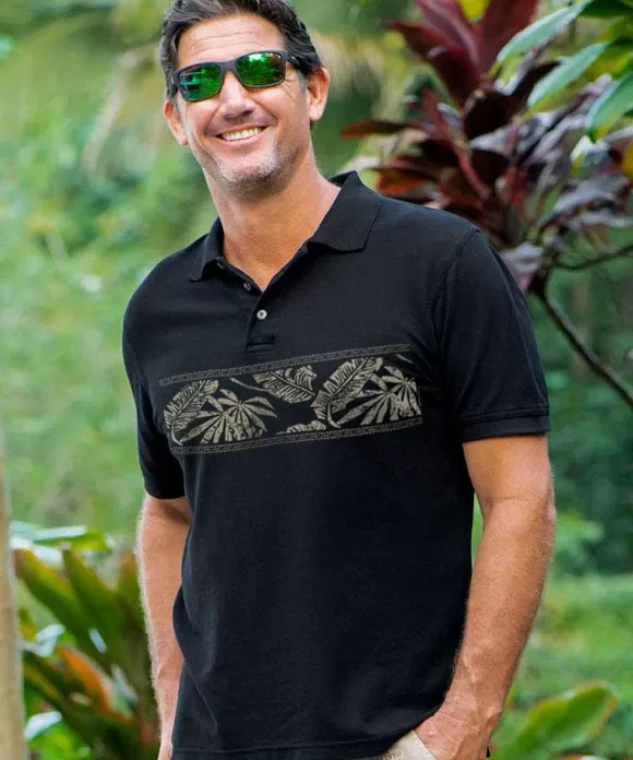 Polos>Crazy Shirts Island Band - Black Short Sleeve Oceanfront Polo Shirt