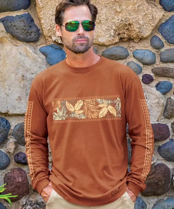 T-Shirts>Crazy Shirts Island Tropical Band - Cinnamon Dyed Long Sleeve Crewneck T-Shirt