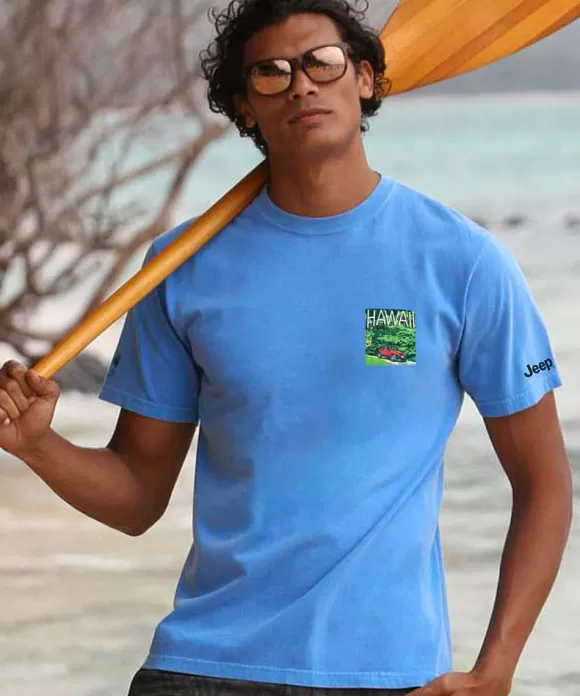 T-Shirts>Crazy Shirts Jeep Majestic Koolau - Blue Hawaii Dyed Short Sleeve Crewneck T-Shirt