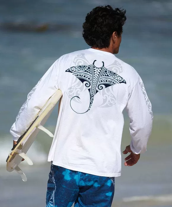 T-Shirts>Crazy Shirts Kava Kava Ray - White Long Sleeve Crewneck T-Shirt