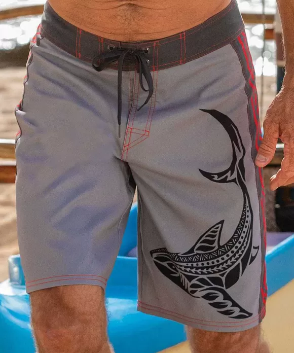 Shorts>Crazy Shirts Mano Dive Tribal - Gray/Red Eco Hydroprint Board Shorts