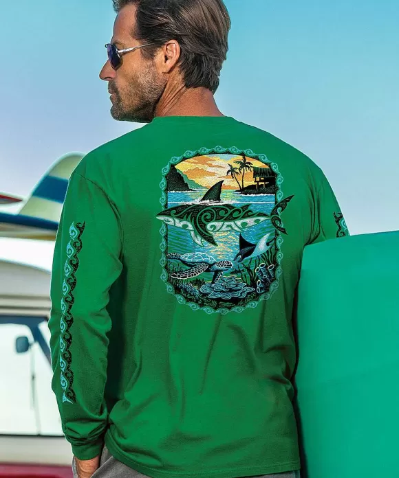 T-Shirts>Crazy Shirts Mano Sunrise - Wintergreen Dyed Long Sleeve Crewneck T-Shirt