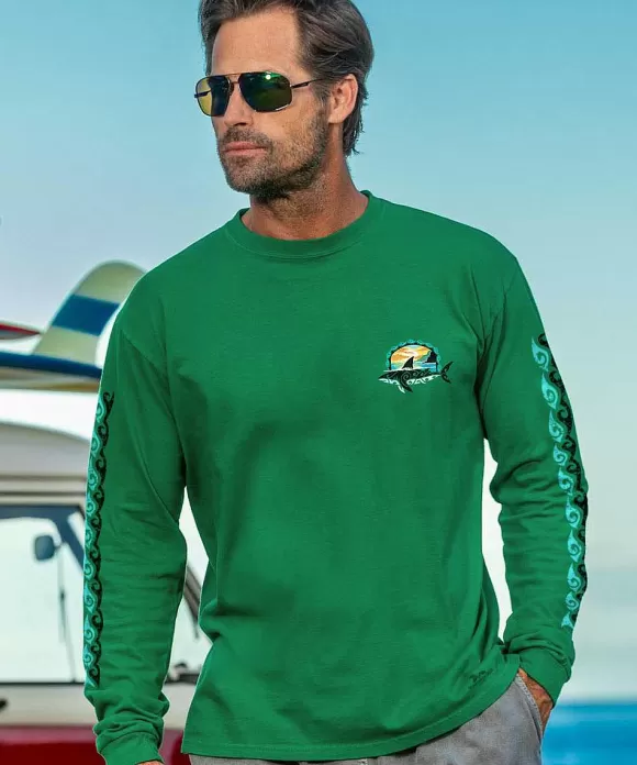 T-Shirts>Crazy Shirts Mano Sunrise - Wintergreen Dyed Long Sleeve Crewneck T-Shirt