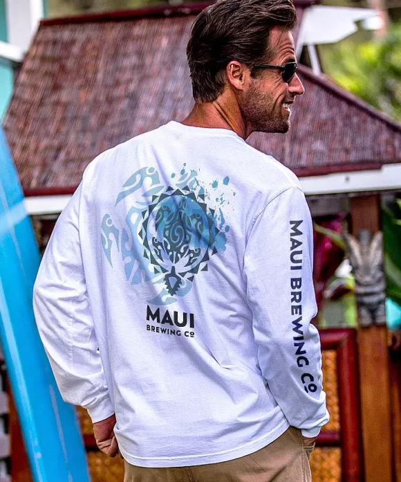 T-Shirts>Crazy Shirts Maui Brewing Co Logo New Splatter - White Long Sleeve Crewneck T-Shirt