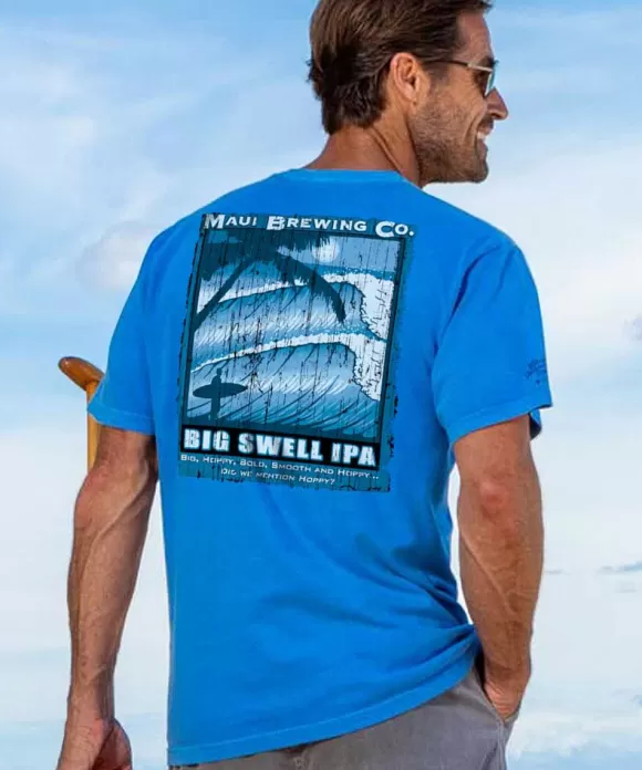 T-Shirts>Crazy Shirts Maui Brewing Co Vintage Big Swell Ipa - Blue Hawaii Dyed Short Sleeve Crewneck T-Shirt