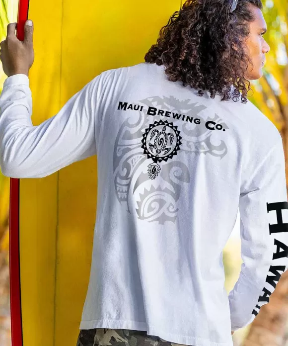 T-Shirts>Crazy Shirts Maui Brewing Co Vintage Tattoo - White Long Sleeve Crewneck T-Shirt