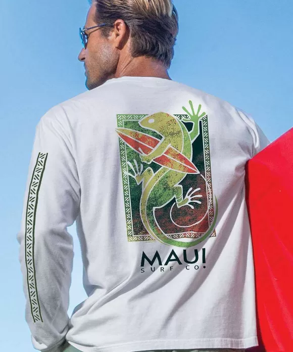 T-Shirts>Crazy Shirts Maui Surf Co. Green Gecko - White Long Sleeve Crewneck T-Shirt