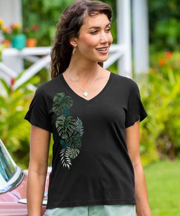 T-Shirts>Crazy Shirts Misty Monstera - Jet Black Short Sleeve Pima V-Neck T-Shirt
